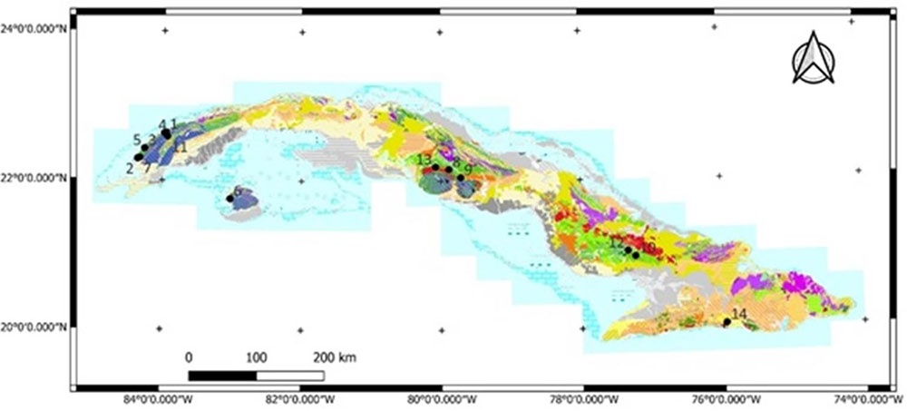 Localización de los principales tipos genéticos de yacimientos y los gossans asociados, representados sobre el mapa geológico de Cuba escala 1: 100 000 (IGP/SGC, 2016). Leyenda: 1- Santa Lucía, 2-Union Juan Manuel, 3-Loma de Hierro, 4-Castellanos,5-Hierro Mantua,6-Delita7, 8-Unión II, 9-Los Cerros, 10-Golden Hill, 11-,12-Florenca, 13-San Fernando,14-Oro Barita. Fuente: Elaboración propia.