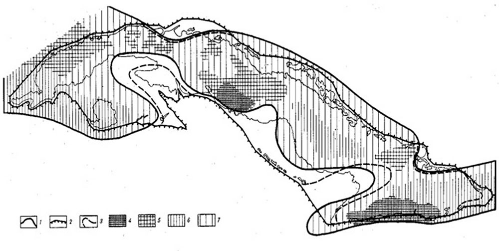 Esquema paleogeográfico de Cuba en la etapa del Mioceno-Plioceno. (Kartashov et. al., 1981).